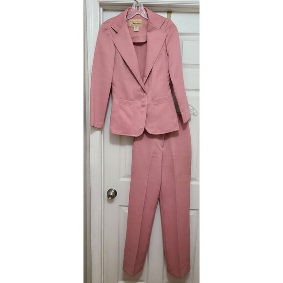 Vtg 70s Bronson of California 2 Piece Pant/Blazer Suit Set Solid Pink Size 5/6 - Picture 1 of 12